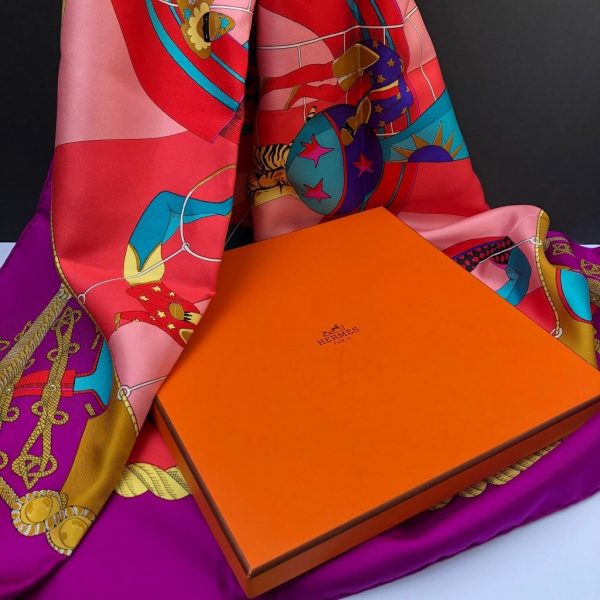 HERMÈS Scarf Circus Silk Annie Faivre 1982 Fuchsia Pink Multi W/Box