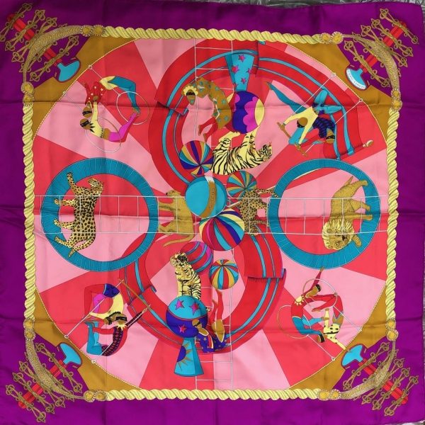 HERMÈS Scarf Circus Silk Annie Faivre 1982 Fuchsia Pink Multi W/Box - Image 5