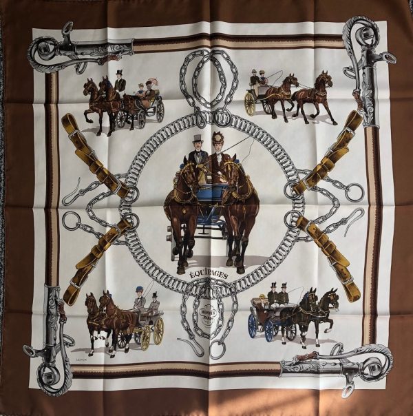 HERMÈS Scarf Equipages Vintage Silk Ledoux 1973 W/Box - Image 2