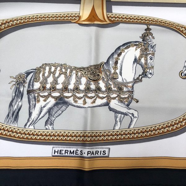 HERMÈS Scarf Grand Apparat Vintage Silk Jacques Eudel Black Gold Grey - Image 2