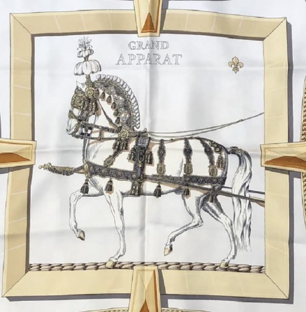 HERMÈS Scarf Grand Apparat Vintage Silk Jacques Eudel Black Gold Grey - Image 3