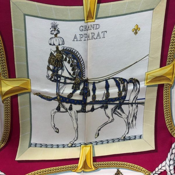 HERMÈS Scarf Grand Apparat Vintage Silk Jacques Eudel Red Gold Blue - Image 3