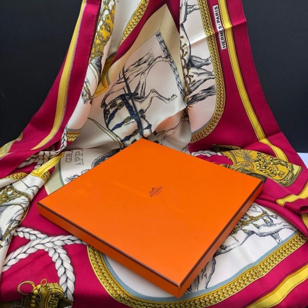 HERMÈS Scarf Grand Apparat Vintage Silk Jacques Eudel Red Gold Blue