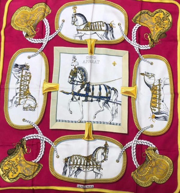 HERMÈS Scarf Grand Apparat Vintage Silk Jacques Eudel Red Gold Blue - Image 5