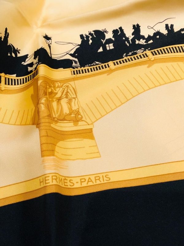HERMÈS Scarf Les Ponts de Paris Silk Black and Gold W/Box Pristine Condition - Image 4