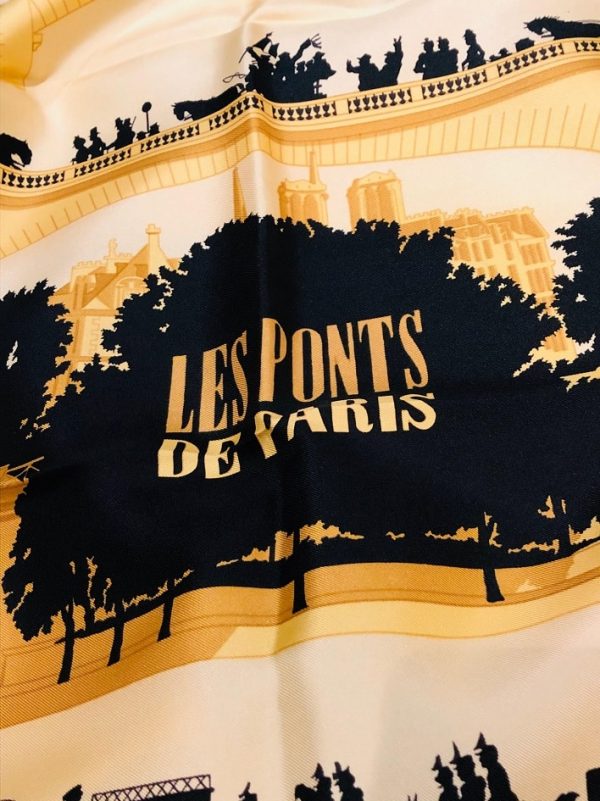 HERMÈS Scarf Les Ponts de Paris Silk Black and Gold W/Box Pristine Condition - Image 3