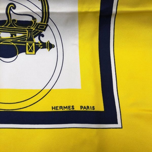 HERMÈS Scarf Ex Libris Silk Hugo Grygkar 1946 RARE Yellow Blue W/Box - Image 6