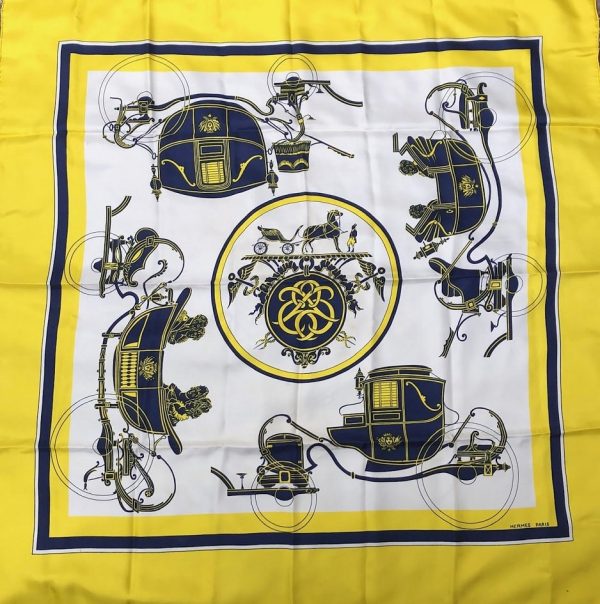 HERMÈS Scarf Ex Libris Silk Hugo Grygkar 1946 RARE Yellow Blue W/Box - Image 5