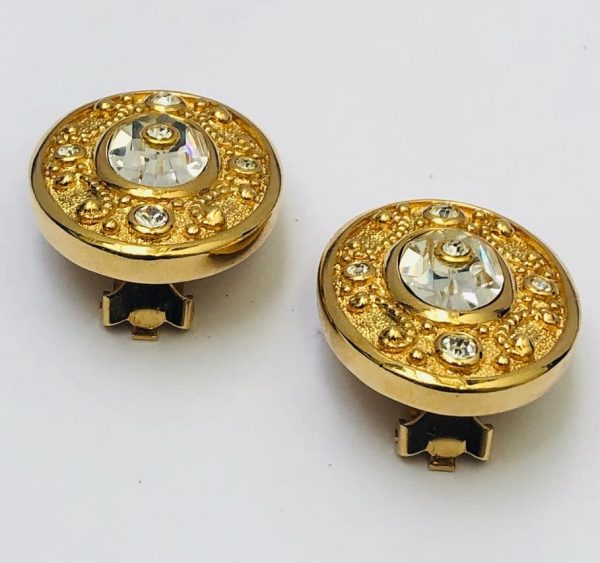GROSSE 1980s Oval Swarovski Cyrstal Gold Tone Clip-On Vintage Earrings - Image 2