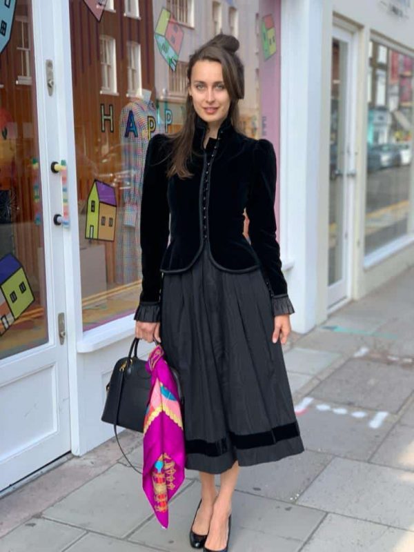 YVES SAINT-LAURENT Couture 1970s Vintage Russian Ballet Collection Black Velvet Jacket and Long Black Moire Skirt 2 Pcs