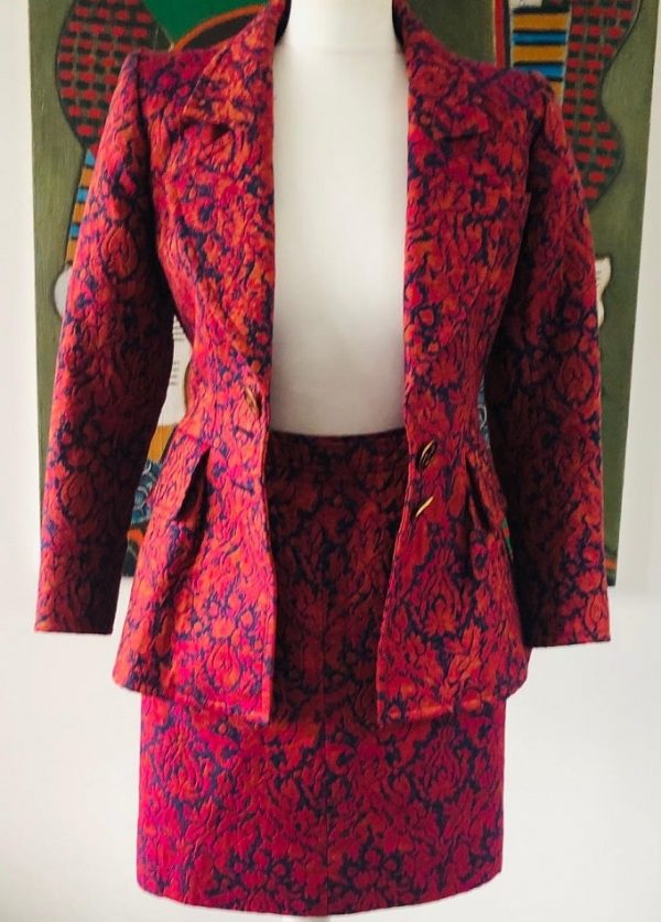 YVES SAINT-LAURENT Vintage Jacquard Brocade Floral Printed Suit Fitted Jacket Skirt 1990s Rare - Image 9