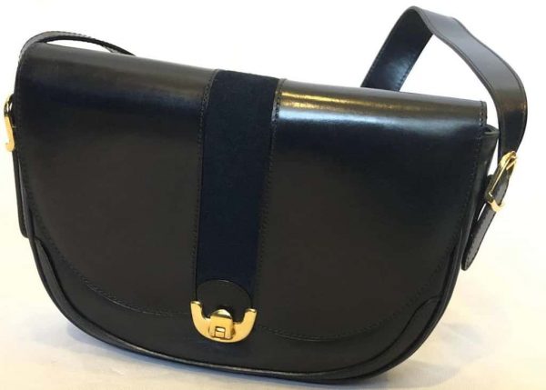 Leather Box Calf Shoulder Bag Vintage W/Suede Stripe and Gold Hardware 1990's