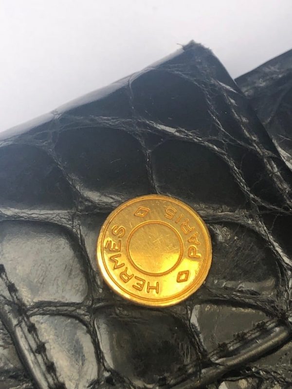 Vintage Wallet Purse Black Croc Hermès Stud Button Circa 70-80s - Image 6