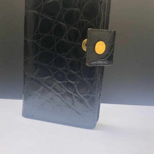 Vintage Wallet Purse Black Croc Hermès Stud Button Circa 70-80s - Image 5