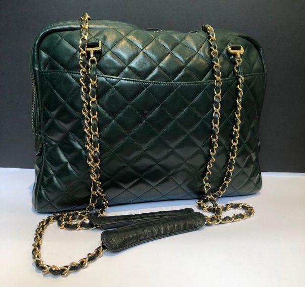 CHANEL 1989 Bag Quilted Lambskin Leather Double Chain Strap Racing Green