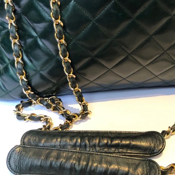 CHANEL 1989 Bag Quilted Lambskin Leather Double Chain Strap Racing Green - Image 8