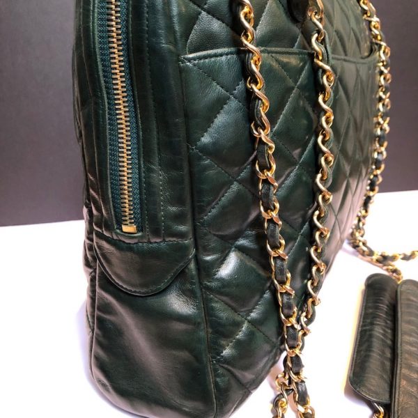 CHANEL 1989 Bag Quilted Lambskin Leather Double Chain Strap Racing Green - Image 3