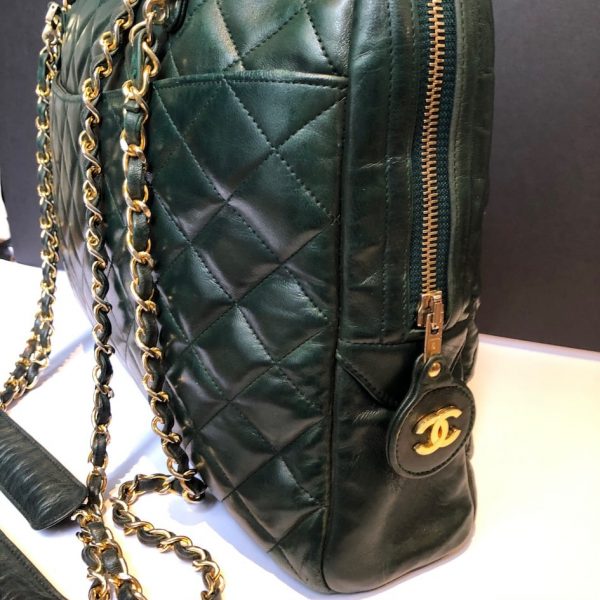 CHANEL 1989 Bag Quilted Lambskin Leather Double Chain Strap Racing Green - Image 4