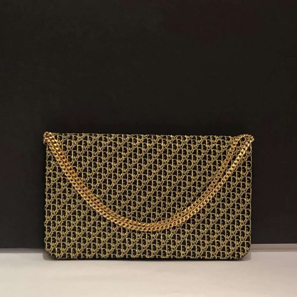 CHRISTIAN DIOR 1970s Monogram Evening Clutch Chain Gold Black Vintage