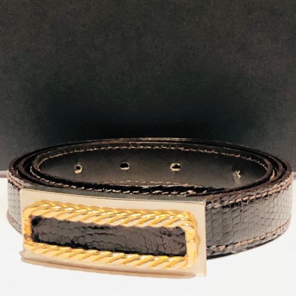 LANCEL Belt Vintage Brown Lizard Rectangular Double Buckle 90s