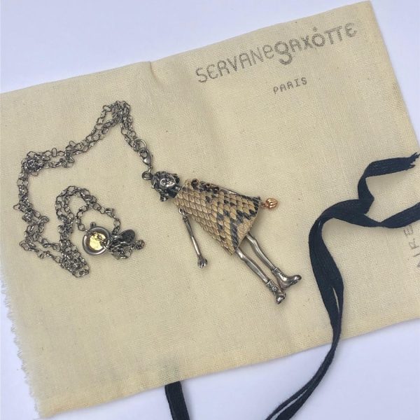 SERVANE GAXOTTE Hang Pendant Articulated Little Girl Long Chain Necklace Silver & Python Dress - Image 9