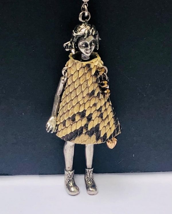 SERVANE GAXOTTE Hang Pendant Articulated Little Girl Long Chain Necklace Silver & Python Dress - Image 5