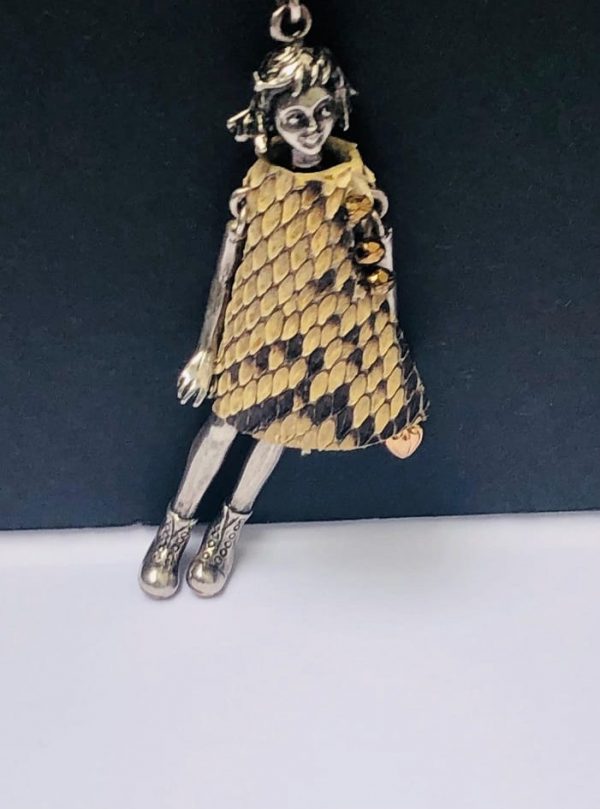 SERVANE GAXOTTE Hang Pendant Articulated Little Girl Long Chain Necklace Silver & Python Dress - Image 6