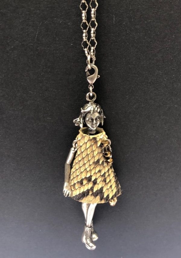 SERVANE GAXOTTE Hang Pendant Articulated Little Girl Long Chain Necklace Silver & Python Dress - Image 2