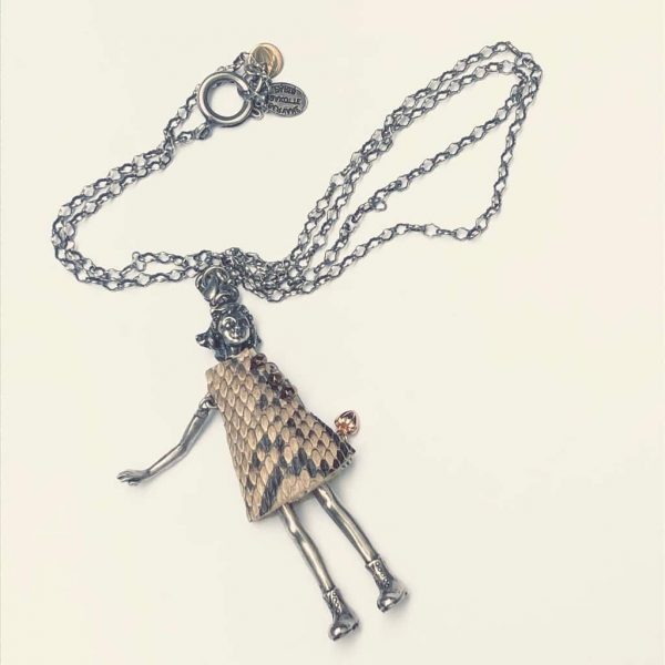 SERVANE GAXOTTE Hang Pendant Articulated Little Girl Long Chain Necklace Silver & Python Dress - Image 3