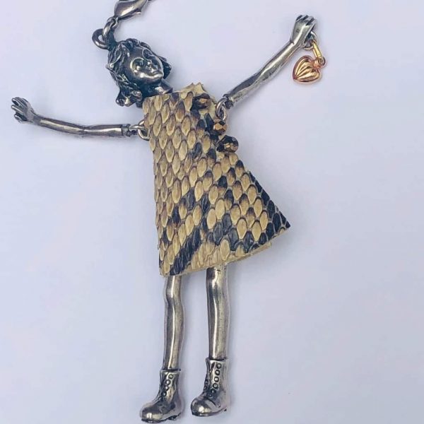 SERVANE GAXOTTE Hang Pendant Articulated Little Girl Long Chain Necklace Silver & Python Dress