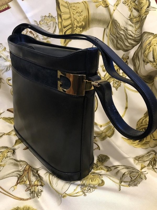 Leather Bucket Bag Box Calf Leather Vintage W/Suede Stripe - Image 2