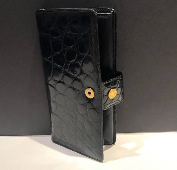Vintage Wallet Purse Black Croc Hermès Stud Button Circa 70-80s