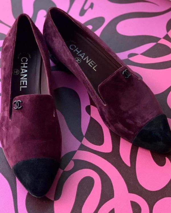 CHANEL Shoes Loafers CC Suede Patent Calfskin Quilted Flat Heels Purple-Black
