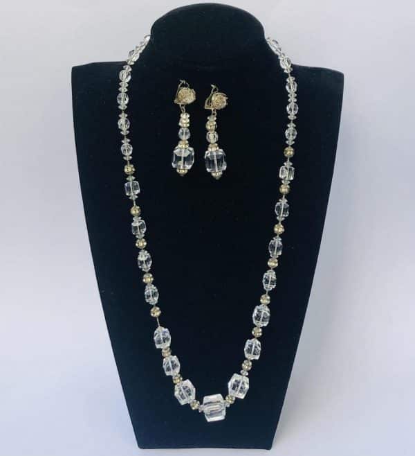 Antique Crystal Faux Diamonds Necklace Drop Earrings Set 1920s-1930s