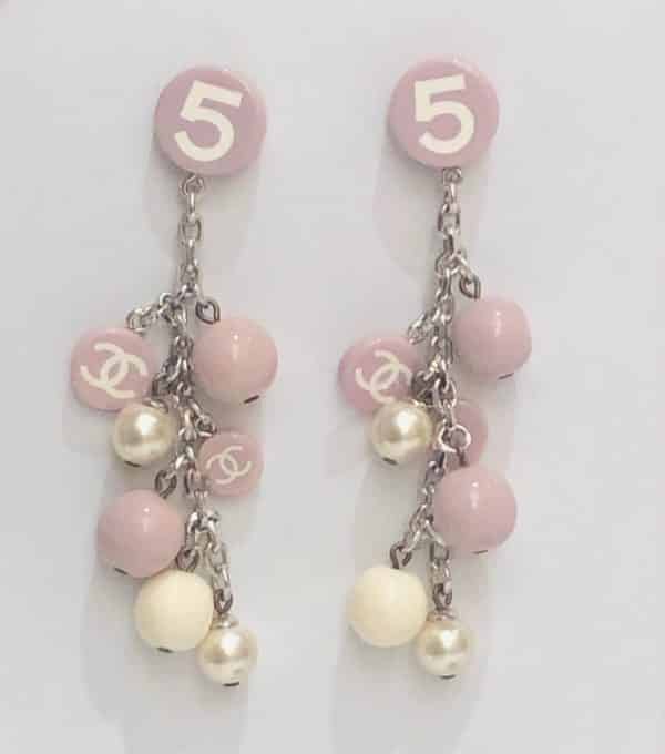 CHANEL Drop Earrings No.5 & CC Logo Pearls Pastille 2005 Cruise Croisière Collection Lilac