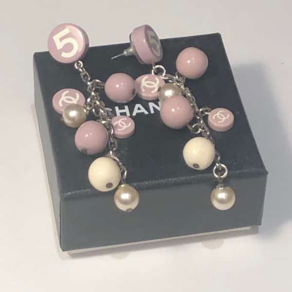 CHANEL Drop Earrings No.5 & CC Logo Pearls Pastille 2005 Cruise Croisière Collection Lilac - Image 2