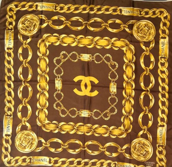 CHANEL Scarf Vintage CC Logo Gold Chain Links Silk 1990s - Image 4