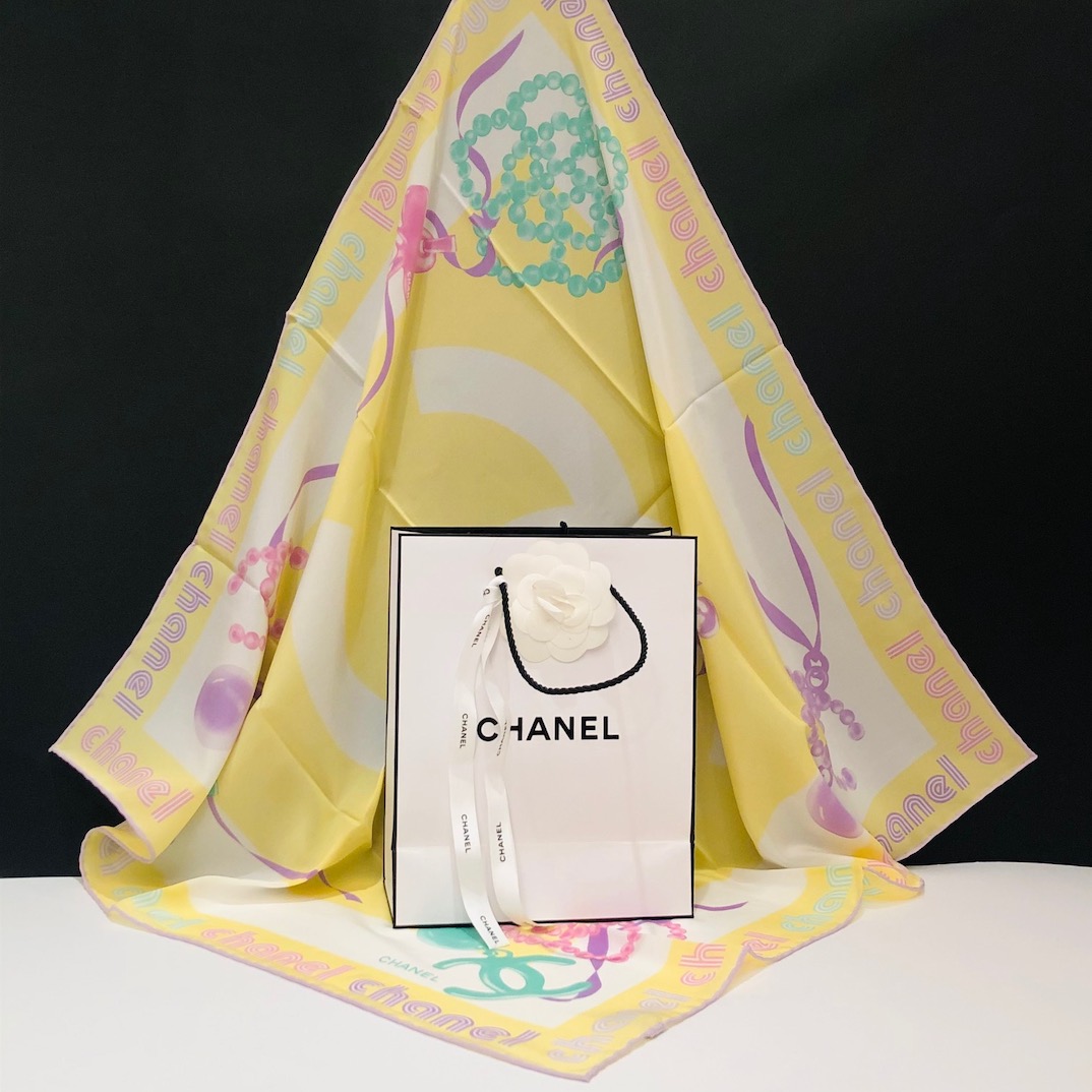 CHANEL Silk Scarf Bijoux Jewellery Pearls Earrings CC Logo