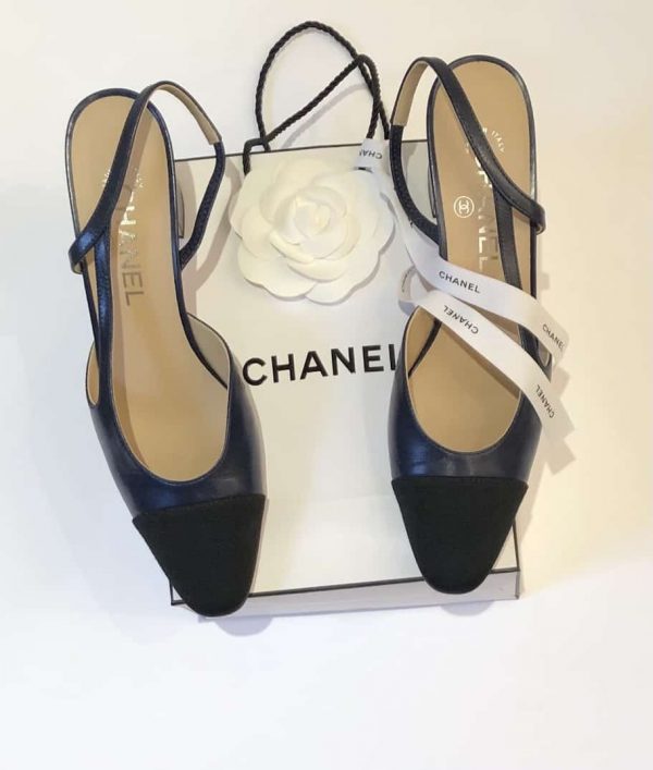 CHANEL Sling Back Goatskin & Grosgrain Navy Blue & Black 38 As New