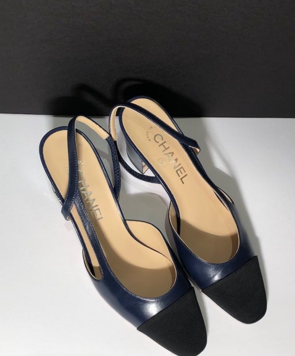 CHANEL Sling Back Goatskin & Grosgrain Navy Blue & Black 38 As New - Image 6