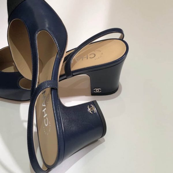 CHANEL Sling Back Goatskin & Grosgrain Navy Blue & Black 38 As New - Image 7