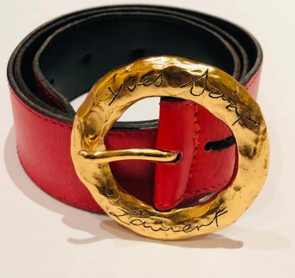 YVES SAINT-LAURENT Belt 80s Logo Buckle Red Leather Vintage