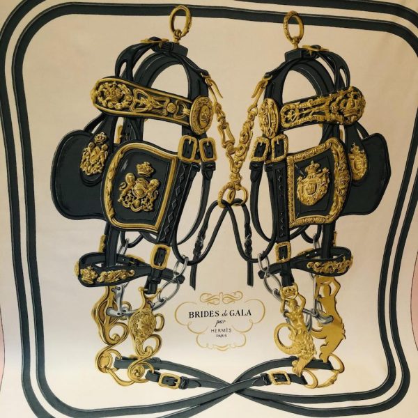 HERMÈS Scarf Brides De Gala Silk H Grygkar Pink Grey Gold W/Box - Image 4