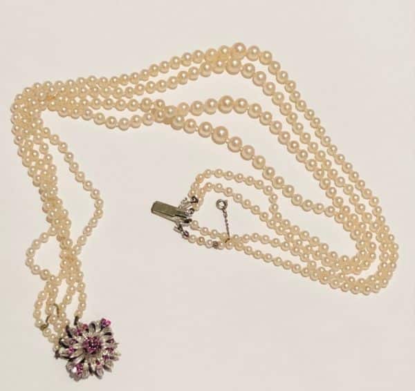 Cultured Pearl and Rubies Necklace 4 Strand Vintage 1940s - Image 2