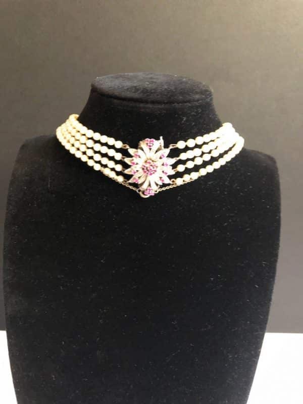 Cultured Pearl and Rubies Necklace 4 Strand Vintage 1940s - Image 10