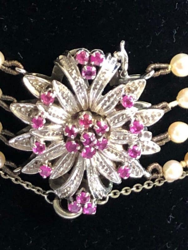 Cultured Pearl and Rubies Necklace 4 Strand Vintage 1940s - Image 9