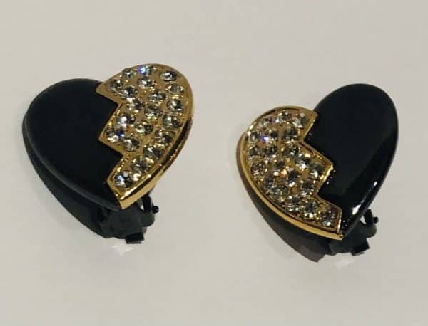 YVES SAINT-LAURENT Vintage Enamel Crystal Heart Clip-On Earrings