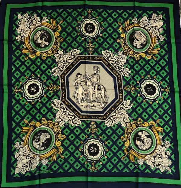 HERMÈS Scarf Carré La Treille - Hussard et Cantinière 1964 Rare Green Blue - Image 2