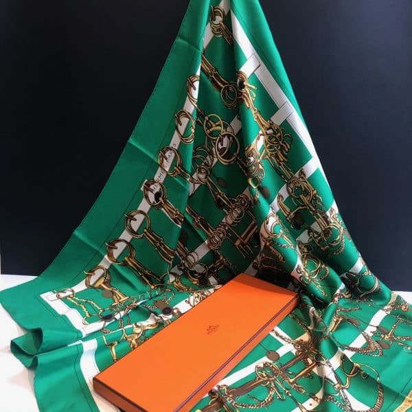 HERMÈS Scarf Carré Mors Et Filets 1966 Vintage Green Gold Etriers Horsebit