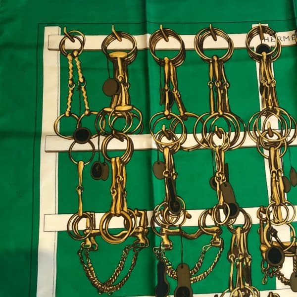 HERMÈS Scarf Carré Mors Et Filets 1966 Vintage Green Gold Etriers Horsebit - Image 5